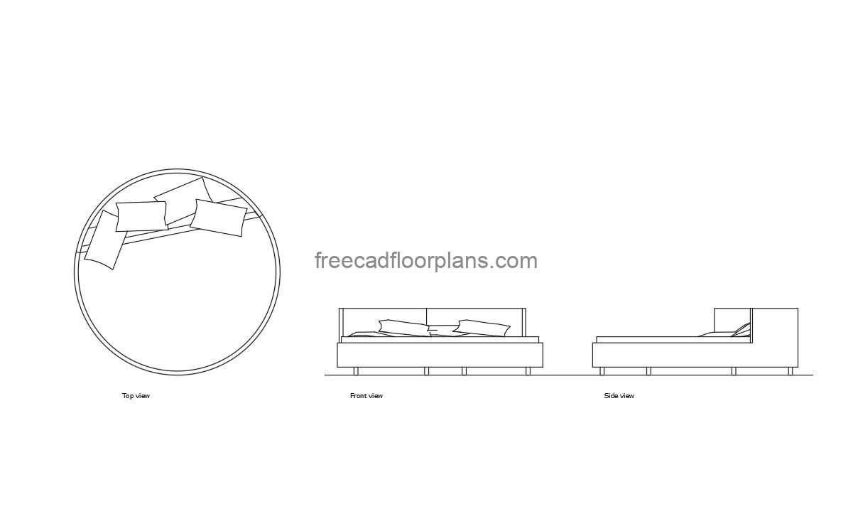 circular bed autocad drawing, plan and elevation 2d views, dwg file free for download