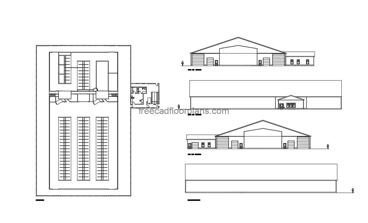 dairy farm autocad drawing, plan and elevation 2d views, dwg file free for download