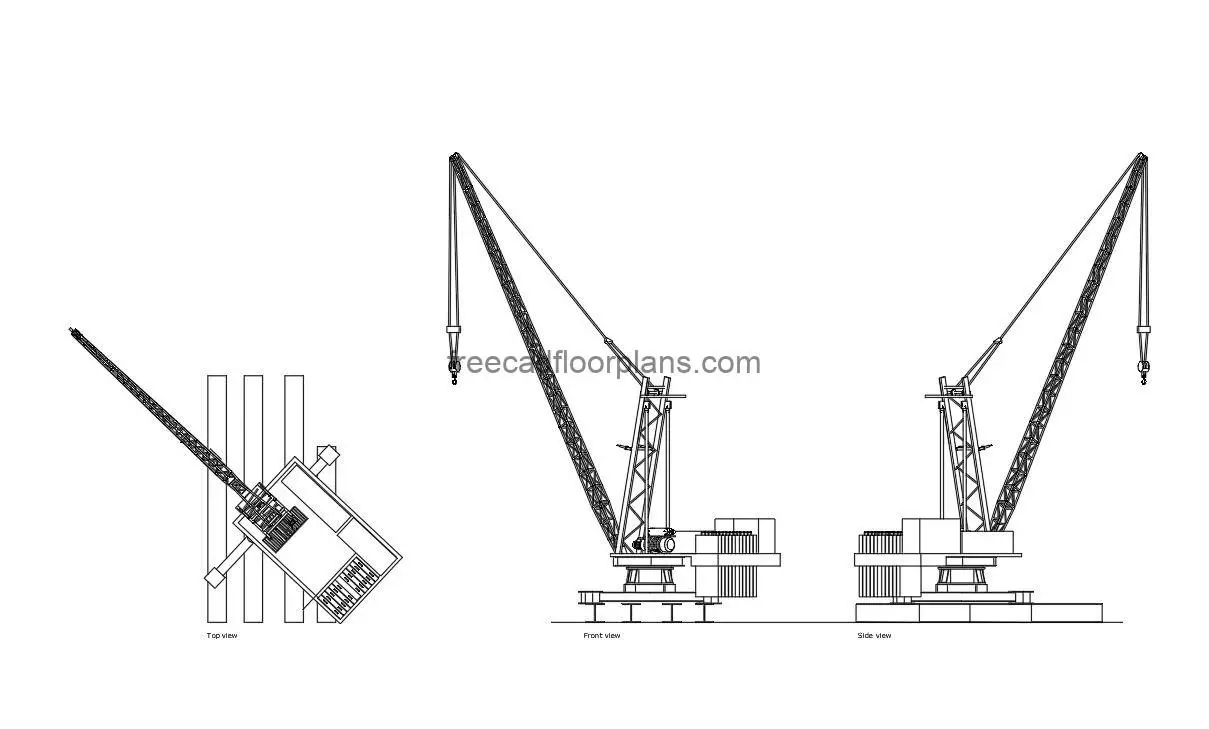 derrick crane autocad drawing, plan and elevation 2d views, dwg file free for download