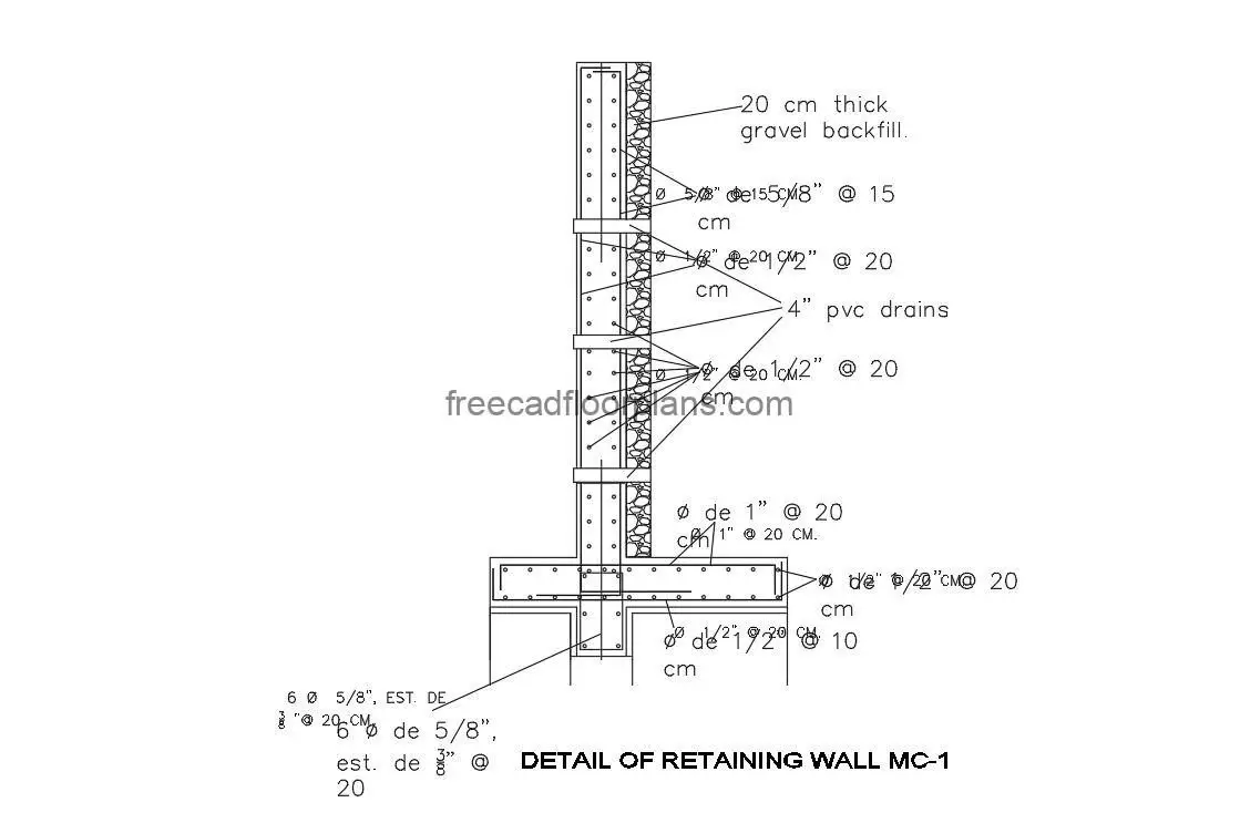 detail of retaining wall autocad drawing, plan and elevation 2d views, dwg file free for download