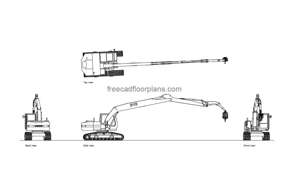 excavator vibratory hammer autocad drawing, plan and elevation 2d views, dwg file free for download