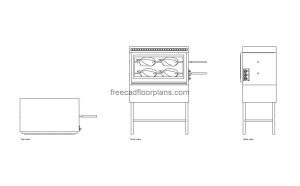 oven rotisserie autocad drawing, plan and elevation 2d views, dwg file free for download