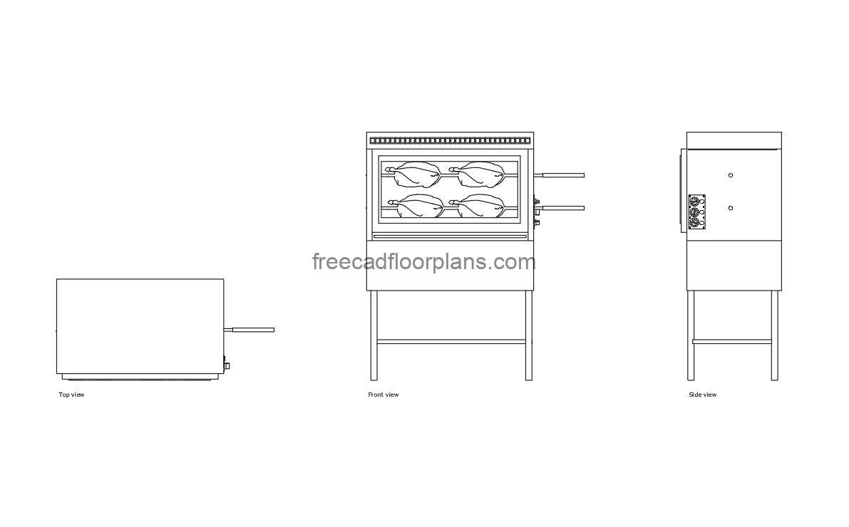 oven rotisserie autocad drawing, plan and elevation 2d views, dwg file free for download