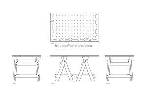 portable multifunction workbench autocad drawing, plan and elevation 2d views, dwg file free for download