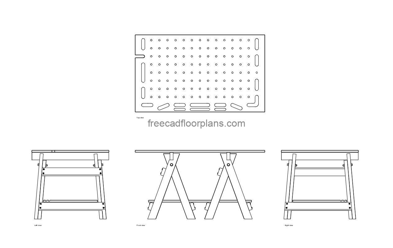 portable multifunction workbench autocad drawing, plan and elevation 2d views, dwg file free for download