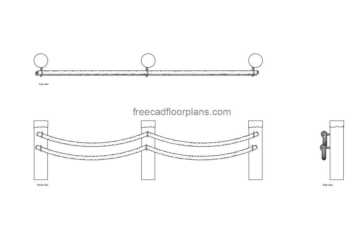 rope railing autocad drawing, plan and elevation 2d views, dwg file free for download