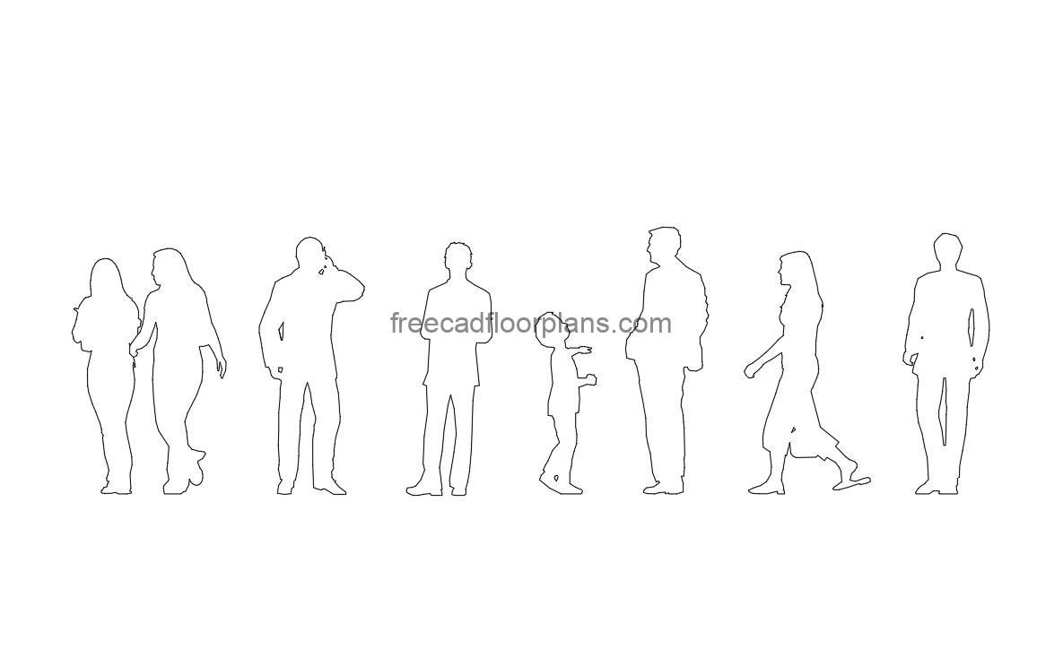 silhouette people autocad drawing, plan and elevation 2d views, dwg file free for download