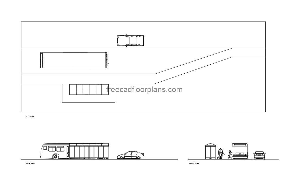 transit bus stop autocad drawing, plan and elevation 2d views dwg file free for download