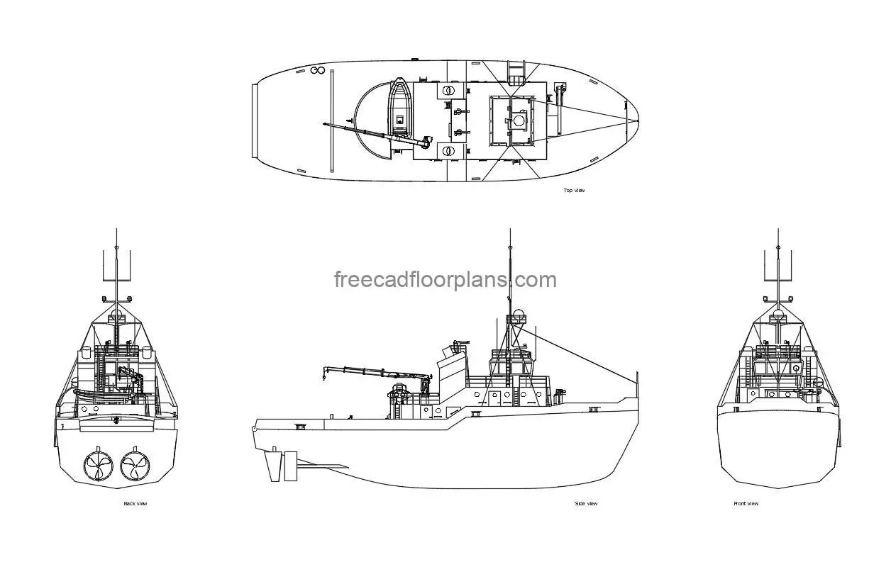 tug boat autocad drawing, plan and elevation 2d views, dwg file free for download