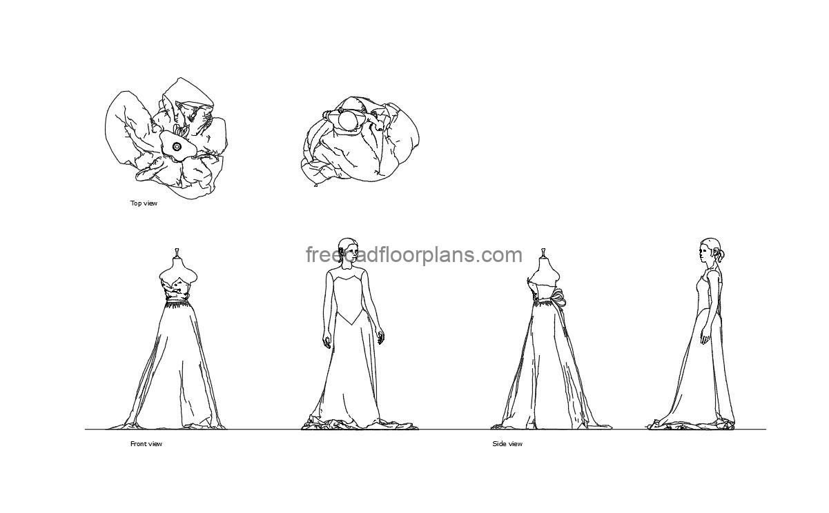wedding dress autocad drawing, plan and elevation 2d views, dwg file free for download