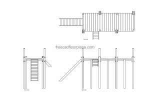 wooden jetty autocad drawing, plan and elevation 2d views, dwg file free for download