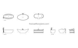 3 oval bathtubs autocad drawing, plan and elevation 2d views, dwg file free for download