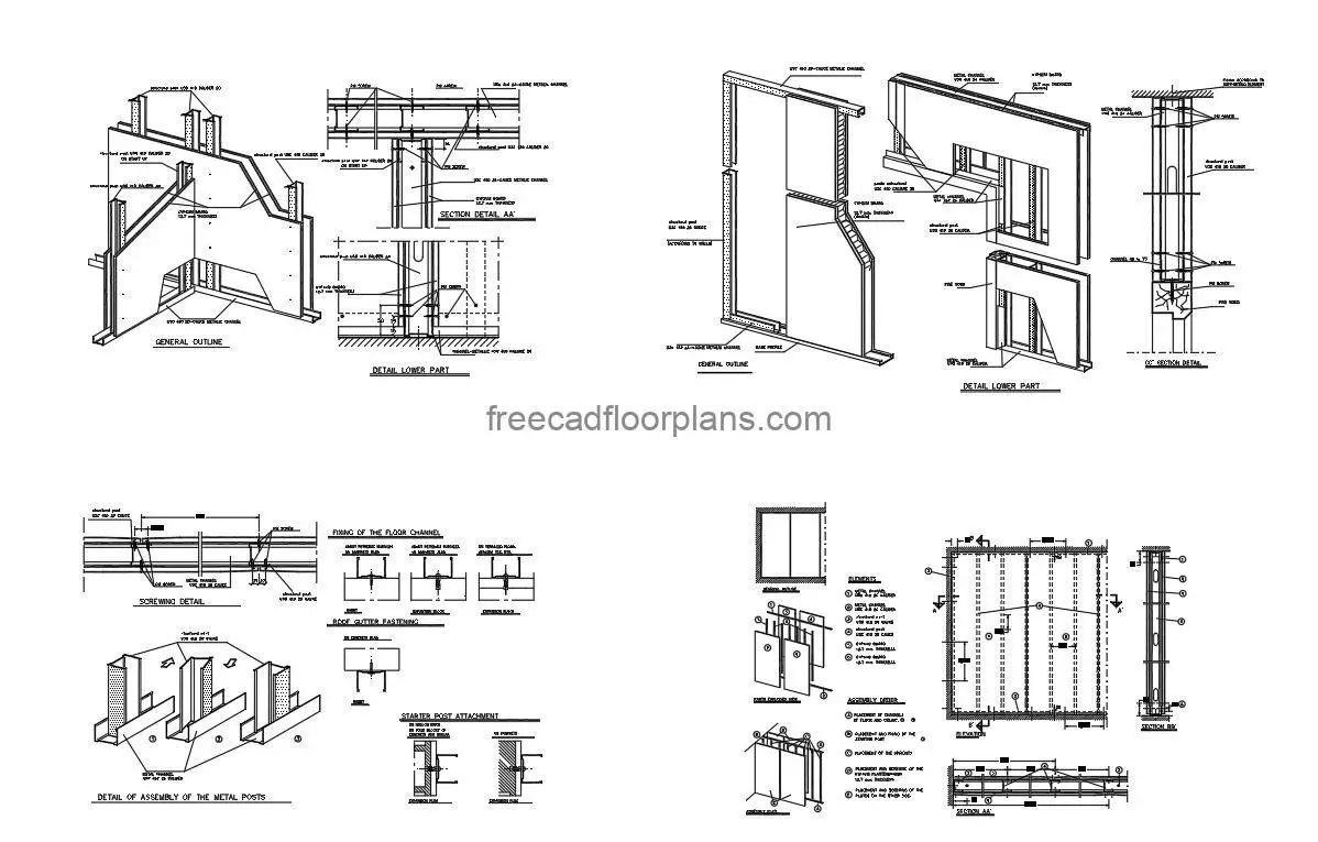 Drywall installation details autocad drawing, plan and elevation 2d views, dwg file free for download