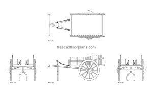 bullock cart autocad drawing, plan and elevation 2d views, dwg file free for download