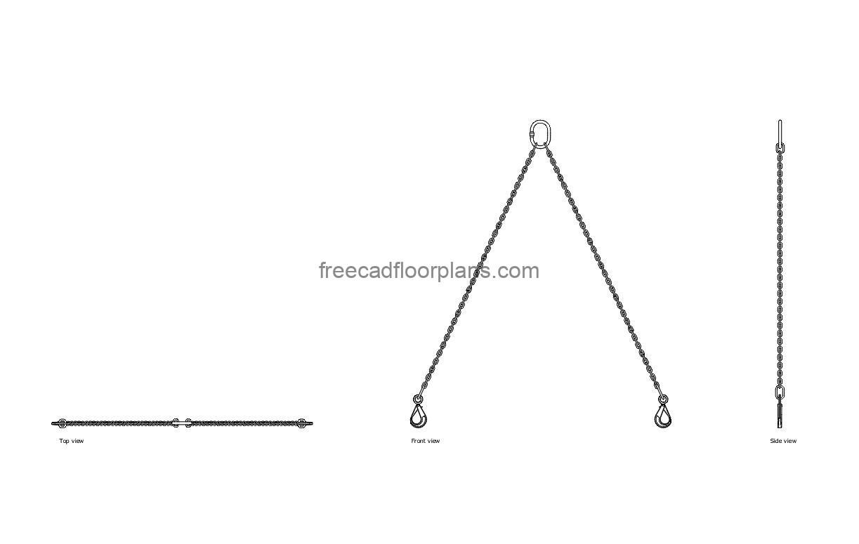 chain sling autocad drawing, plan and elevation 2d views, dwg file free for download
