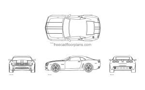 chevrolet camaro autocad drawing, plan and elevation 2d views, dwg file free for download