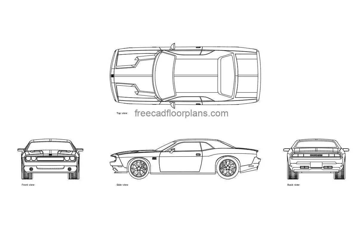 dodge challenger autocad drawing, plan and elevation 2d views, dwg file free for download