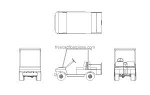 golf cart 4 seater autocad drawing, plan and elevation 2d views, dwg file free for download