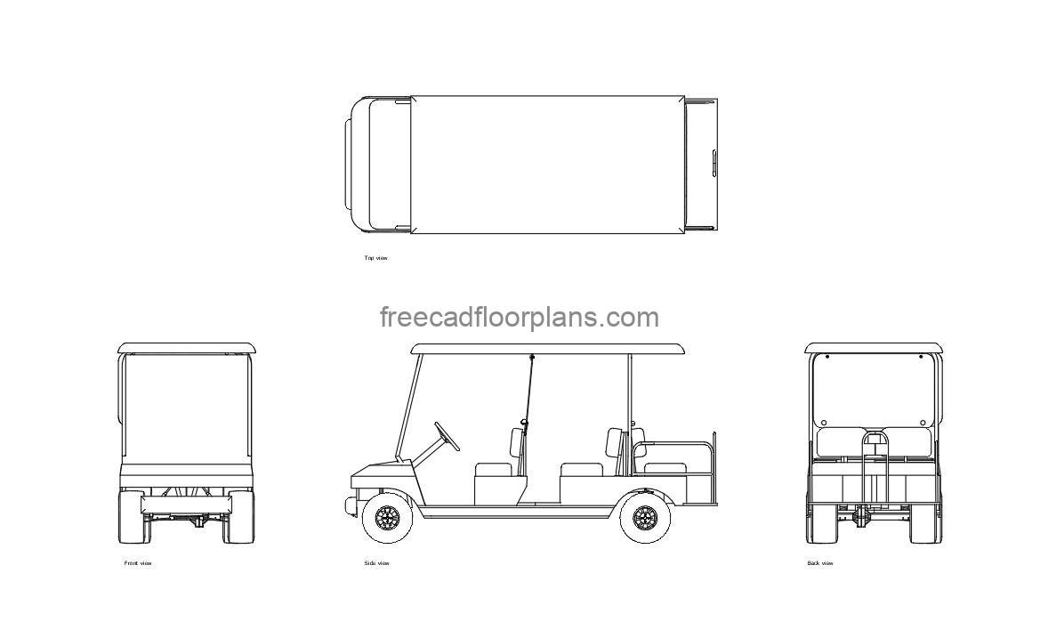 golf cart 6 seater autocad drawing, plan and elevation 2d views, dwg file free for download