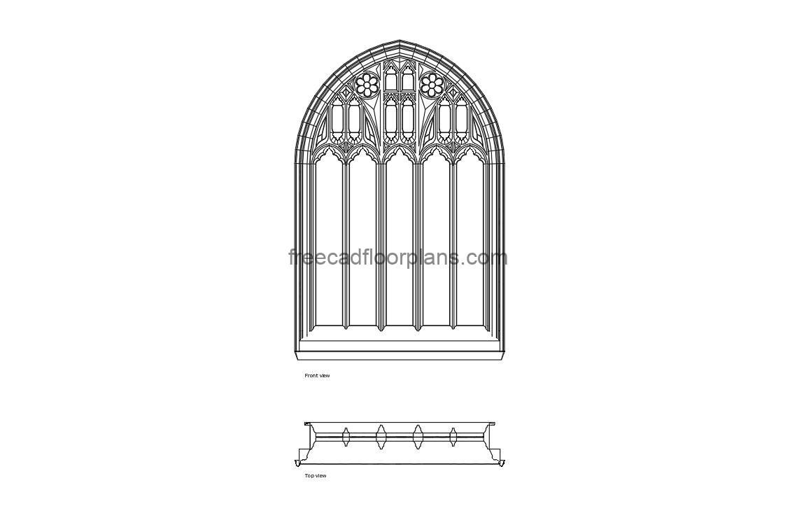 gothic church window autocad drawing, plan and elevation 2d views, dwg file free for download