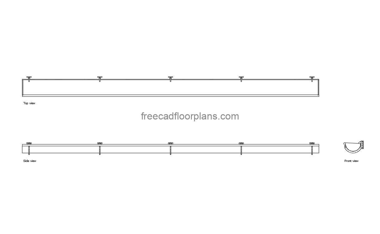 half round gutter autocad drawing, plan and elevation 2d views, dwg file free for download