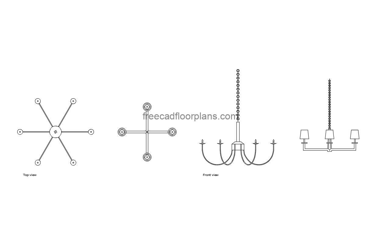 hanging chandelier autocad drawing, plan and elevation 2d views, dwg file free for download