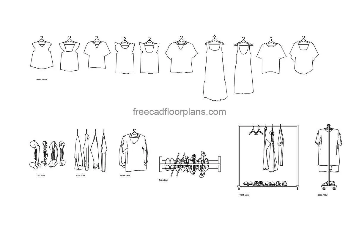 hanging clothes autocad drawing, plan and elevation 2d views, dwg file free for download