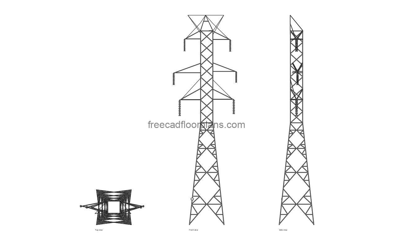 high tension tower autocad drawing, plan and elevation 2d views, dwg file free for download