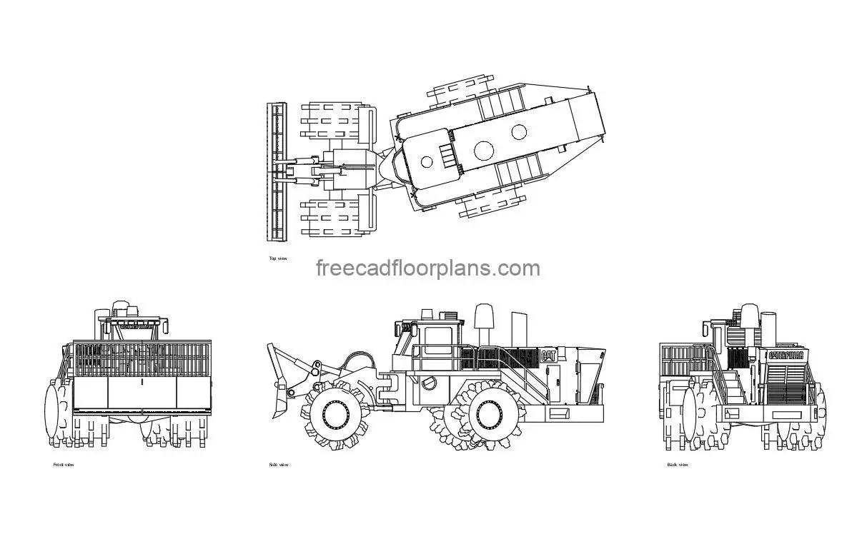 landfill compactor autocad drawing, plan and elevation 2d views, dwg file free for download