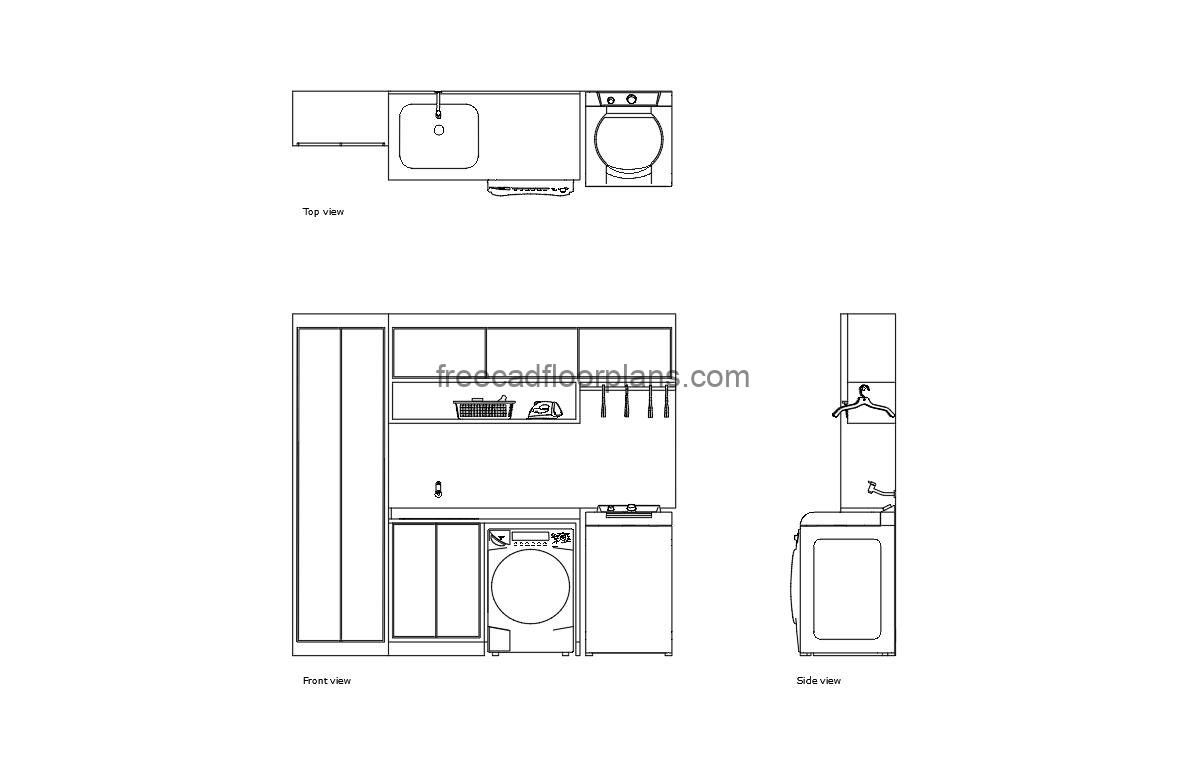 laundry service area autocad drawing, plan and elevation 2d views, dwg file free for download