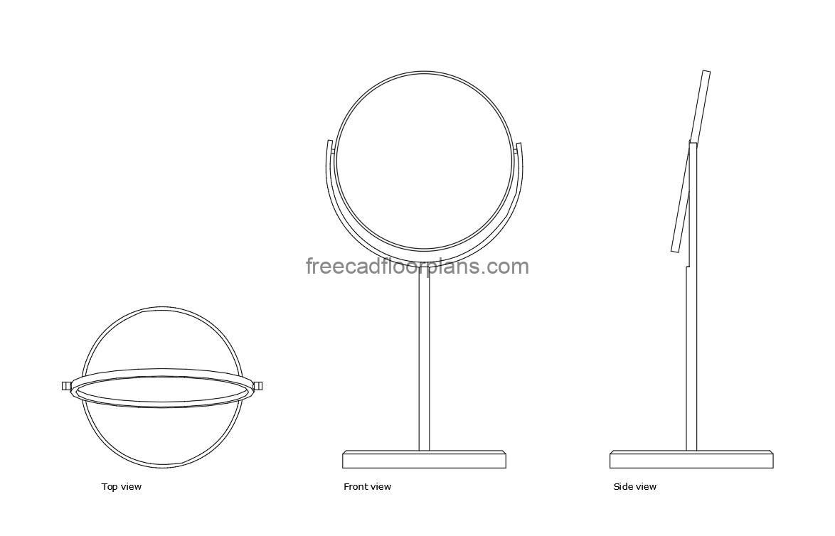 magnifying mirror autocad drawing, plan and elevation 2d views, dwg file free for download