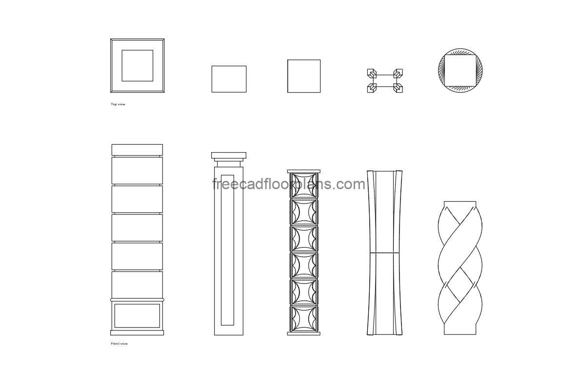 modern columns autocad drawing, plan and elevation 2d views, dwg file free for download