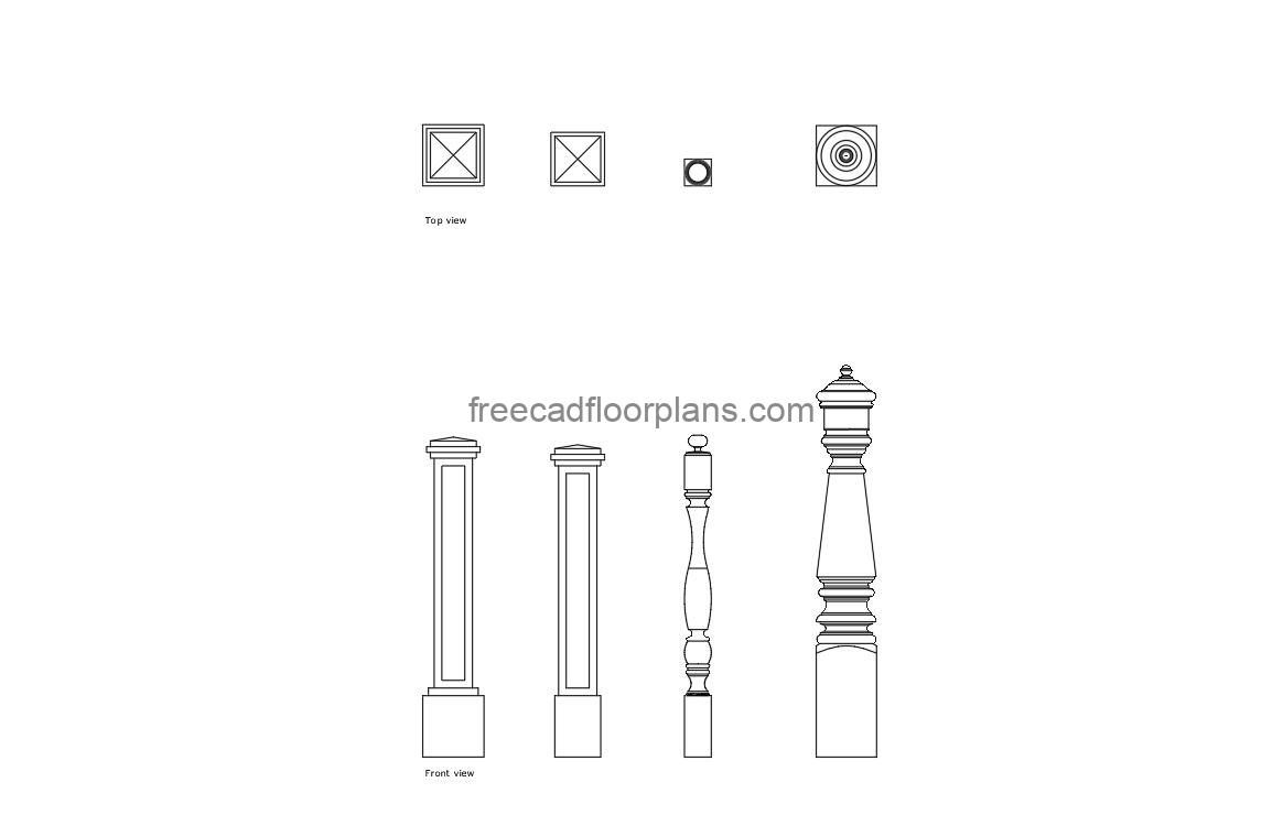 newel post autocad drawing, plan and elevation 2d views, dwg file free for download