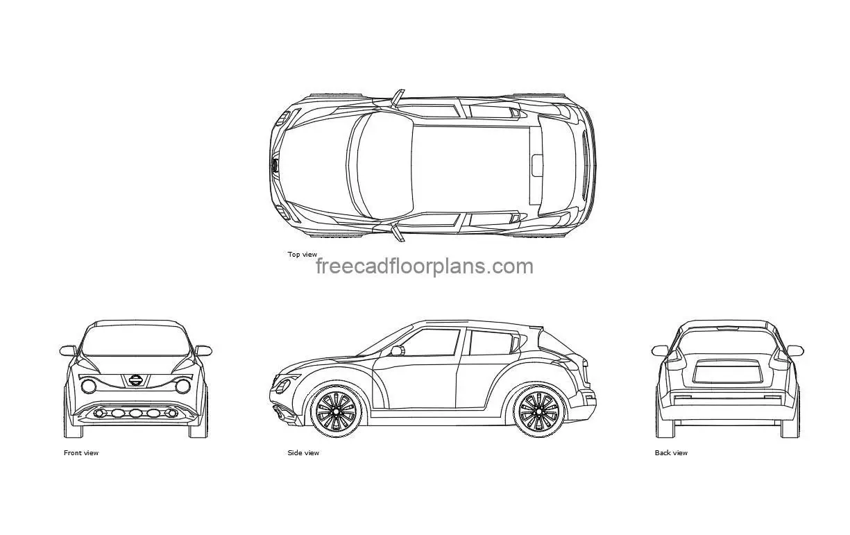nissan juke autocad drawing, plan and elevation 2d views, dwg file free for download