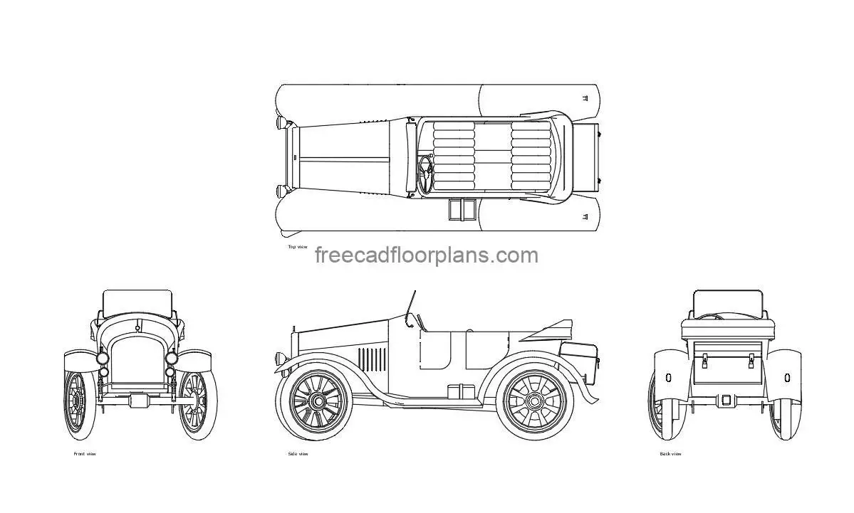 old car autocad drawing, plan and elevation 2d views, dwg file free for download