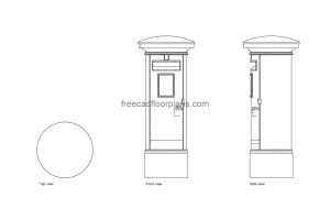 post box autocad drawing, plan and elevation 2d views, dwg file free for download