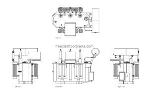 power transformer autocad drawing, plan and elevation 2d views, dwg file free for download