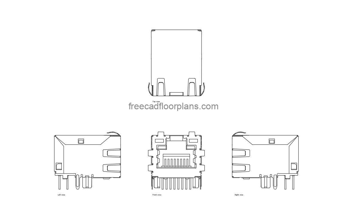rj45 connector autocad drawing, plan and elevation 2d views, dwg file free for download