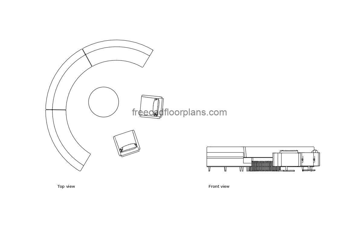 semi circular sofa with coffee table autocad drawing, plan and elevation 2d views, dwg file free for download