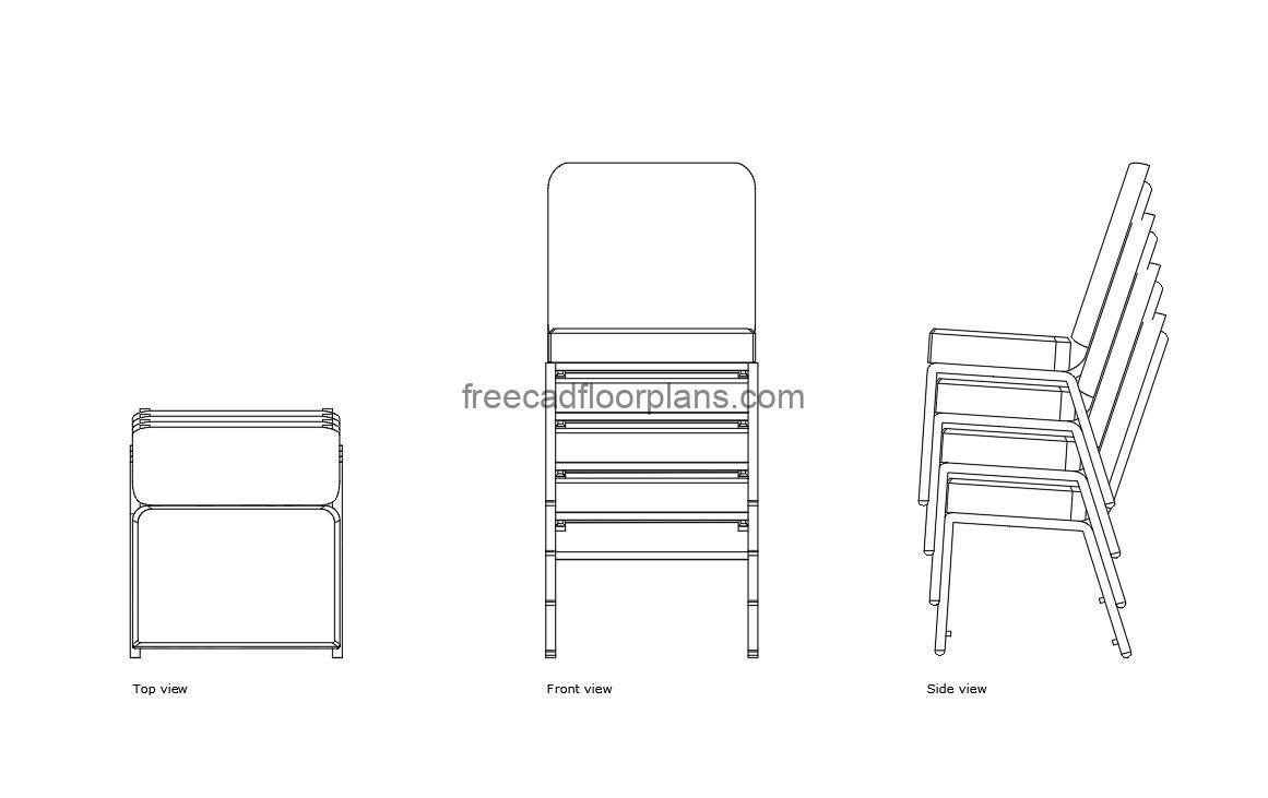 stacked chairs autocad drawing, plan and elevation 2d views, dwg file free for download