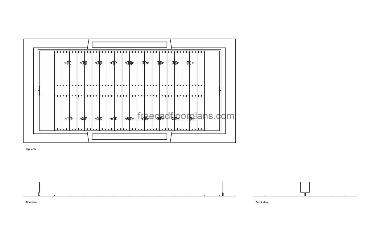 standard american football field autocad drawing, plan and elevation 2d views, dwg file free for download