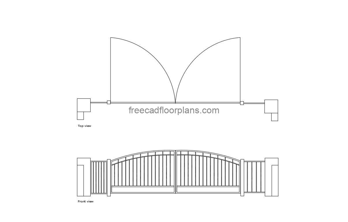 swing gate autocad drawing, plan and elevation 2d views, dwg file free for download