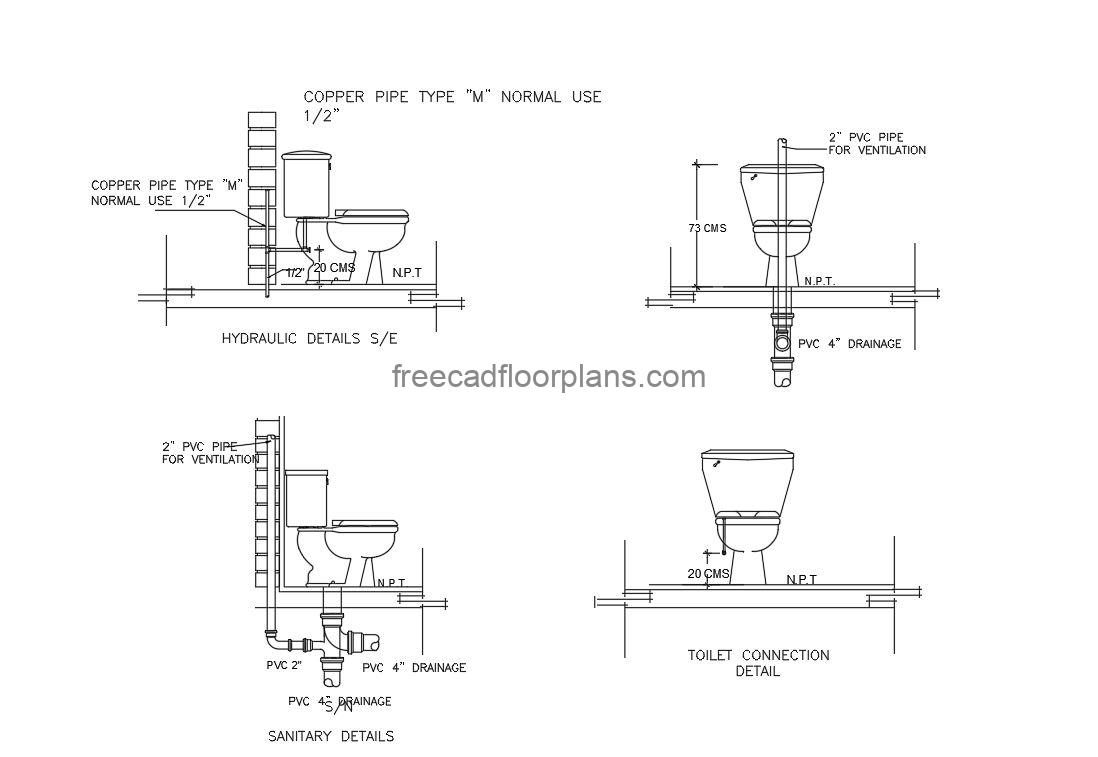 toilet plumbing details autocad drawing, elevation 2d views, dwg file free for download