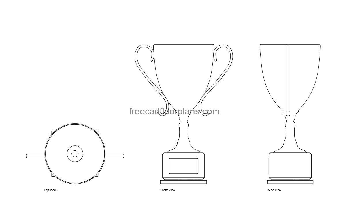 trophy autocad drawing, plan and elevation 2d views, dwg file free for download