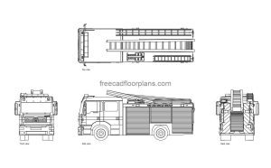 uk fire engine autocad drawing, plan and elevation 2d views, dwg file free for download