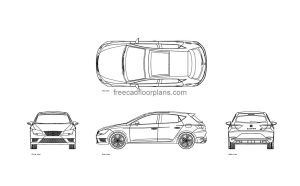 SEAT leon cupra autocad drawing, plan and elevation 2d views, dwg file free for download