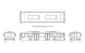 airport shuttle bus autocad drawing, plan and elevation 2d views, dwg file free for download