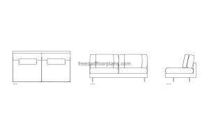 armless sofa autocad drawing, plan and elevation 2d views, dwg file free for download