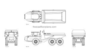 articulated dump truck autocad drawing, plan and elevation 2d views, dwg file free for download