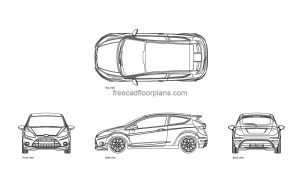 ford fiesta autocad drawing, plan and elevation 2d views, dwg file free for download
